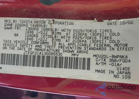 2003 Toyota Highlander V6 z USA, uszkodzony, nr VIN JTEGF21A130085530